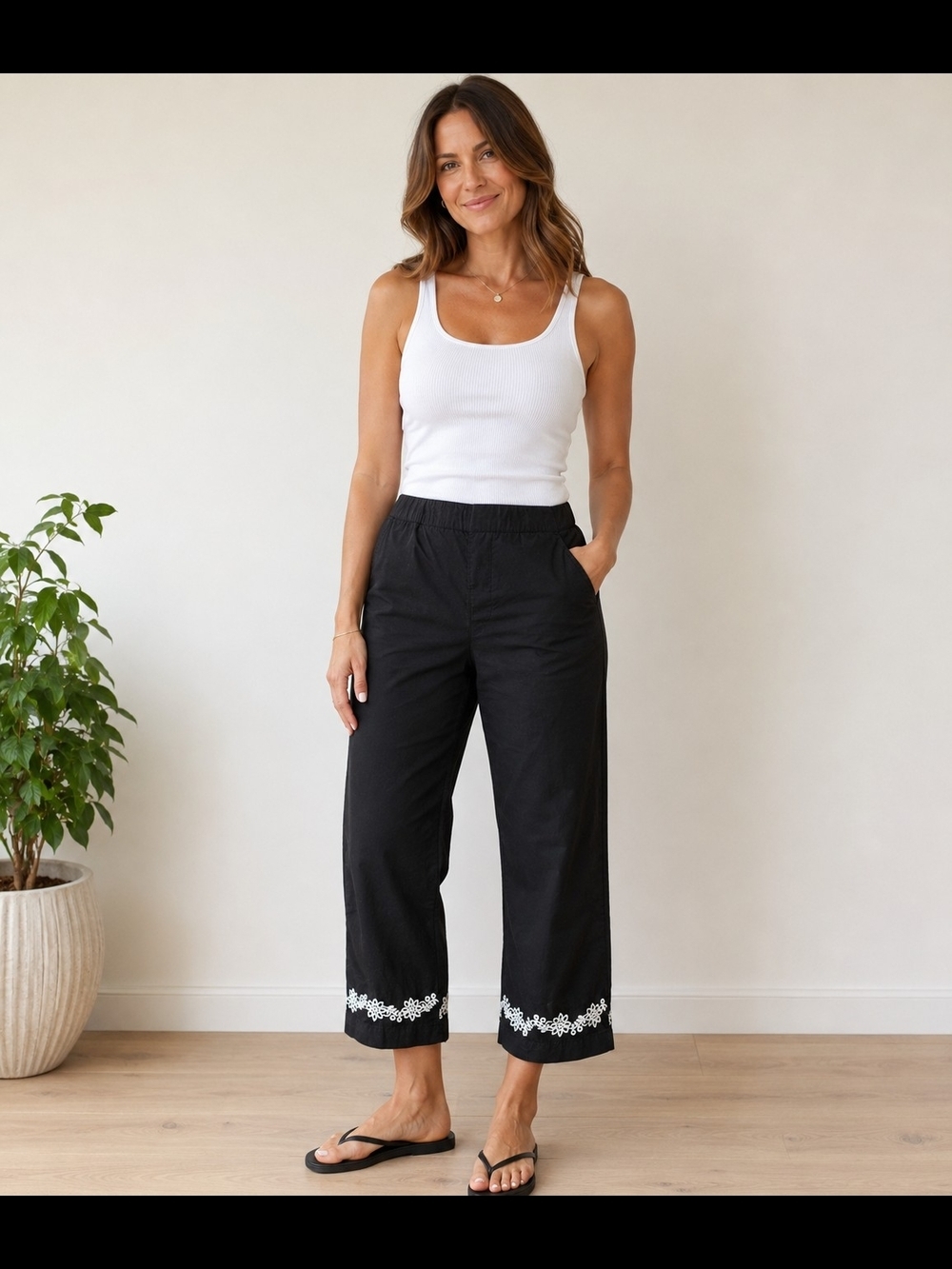 Northern Reflections Black Embroidered Cotton Capri Pant